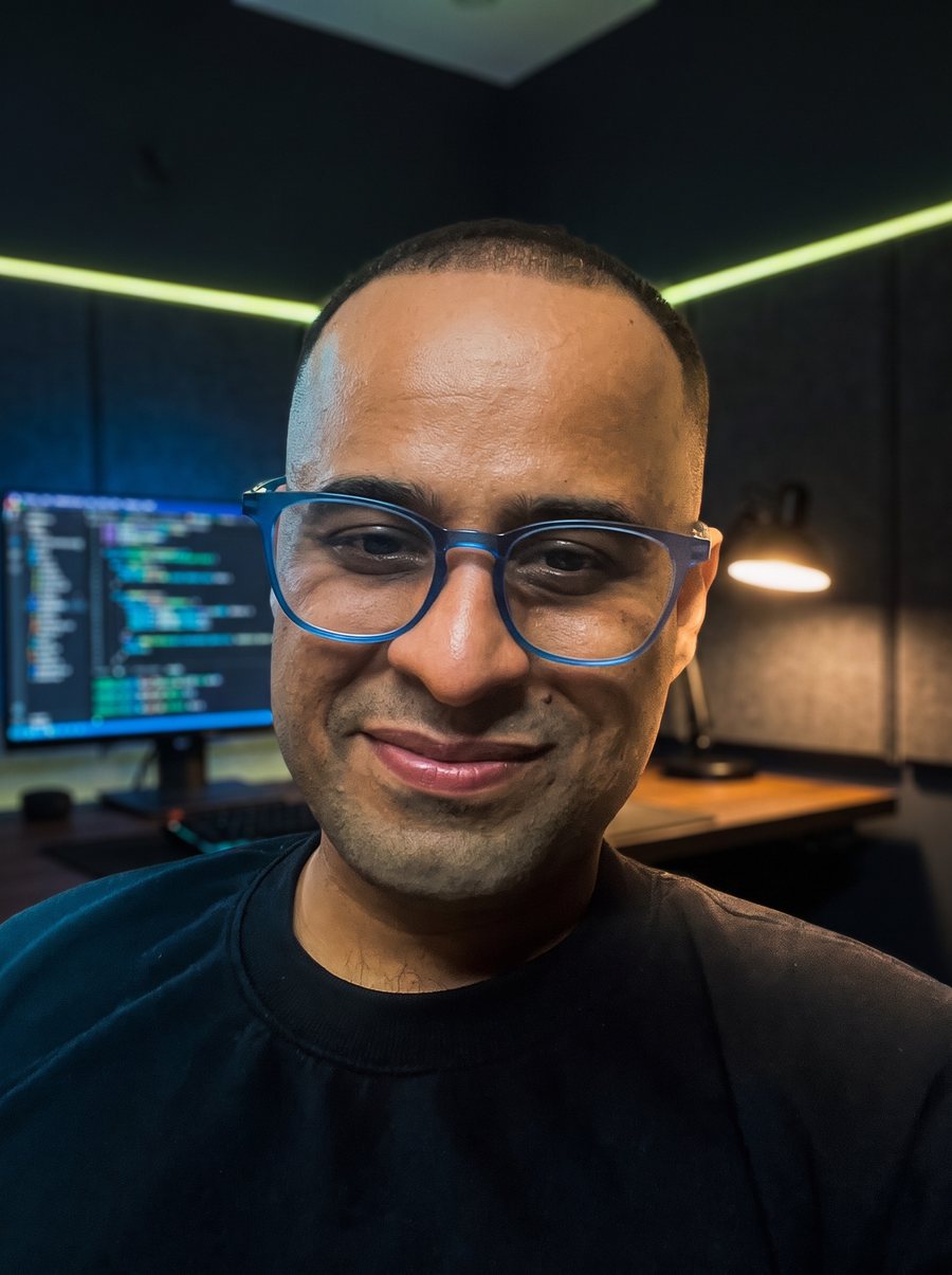 Akhil Madaan smiling at his desk