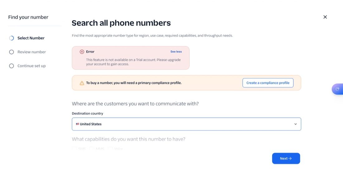 Twilio trial: numbers are blocked